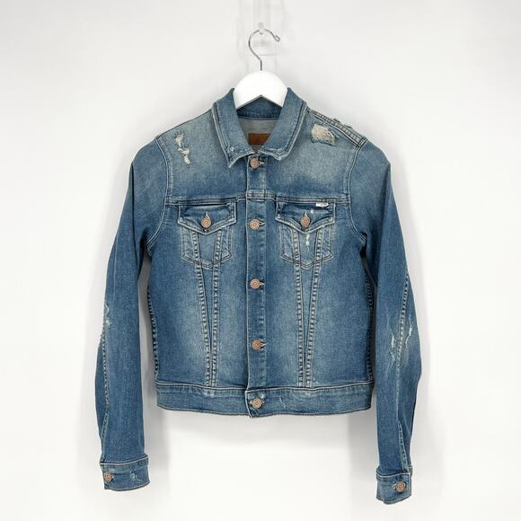 MOTHER The Bruiser Crop Denim Jacket Women’s Size Small Love Gun Distressed - Picture 1 of 7
